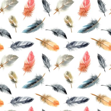 Kuş tüylerinin suluboya çizimi. Kusursuz desen.
