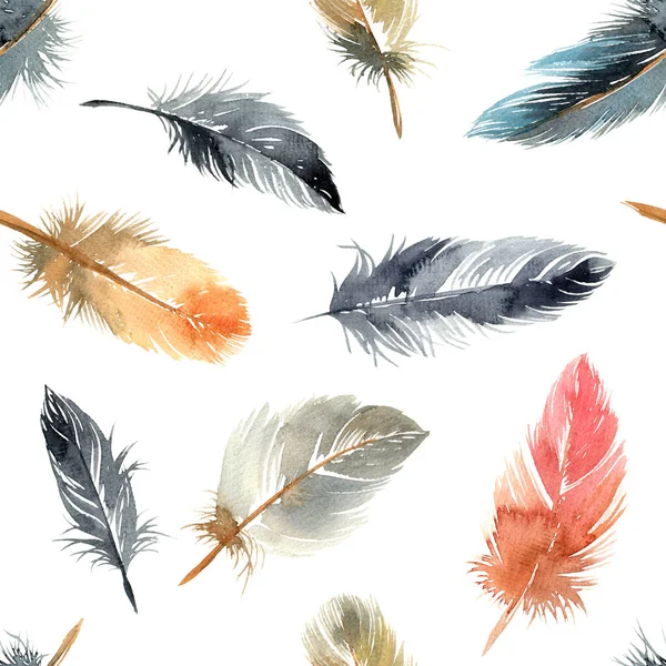Ilustração Aquarela Penas Pássaro Padrão Sem Costura — Fotografia de Stock