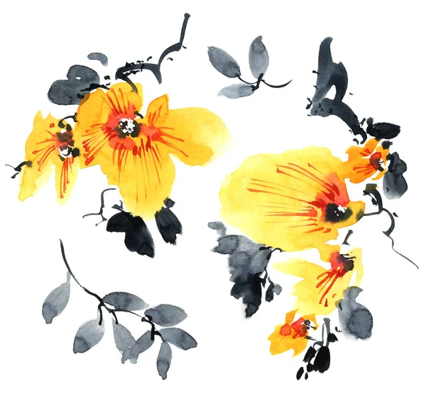 葉を持つ花木の水彩とインクのイラスト 様式による東洋の伝統絵画墨絵 Sin Gohua — ストック写真