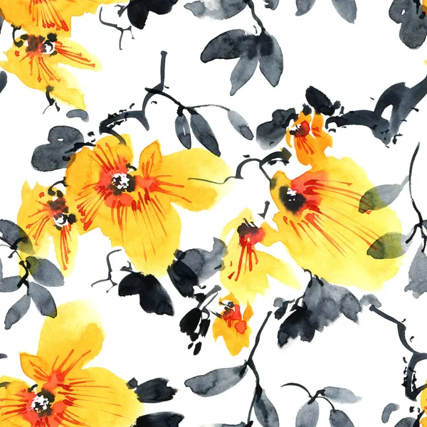 Aquarela Tinta Ilustração Árvore Flor Com Flores Botões Folhas Padrão — Fotografia de Stock