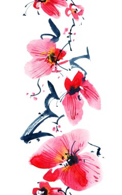 Çiçek ve tomurcuklu sakura ağacının suluboya ve mürekkep çizimi. Geleneksel oryantal resim tarzı sumi-e, u-sin ve gohua. Kusursuz desen.
