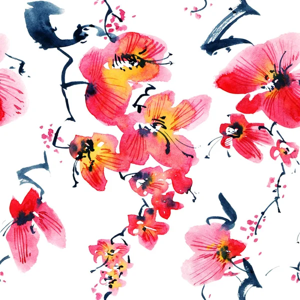 Acquerello Inchiostro Illustrazione Albero Sakura Fiore Con Fiori Boccioli Pittura — Foto Stock