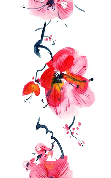 Acuarela Ilustración Tinta Del Árbol Sakura Flor Con Flores Brotes — Foto de Stock