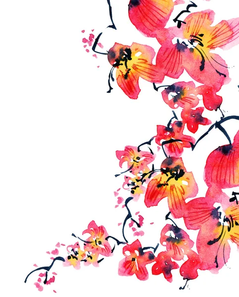 花や蕾を持つ桜の木の水彩や水墨画 様式による東洋の伝統絵画墨絵 Sin Gohua — ストック写真