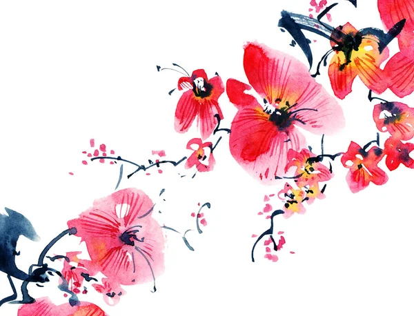 Aquarela Tinta Ilustração Árvore Sakura Flor Com Flores Botões Pintura — Fotografia de Stock