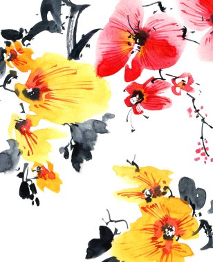 Çiçek ve tomurcuklu sakura ağacının suluboya ve mürekkep çizimi. Geleneksel oryantal resim tarzı sumi-e, u-sin ve gohua..