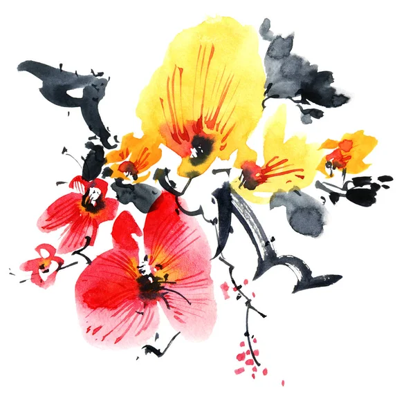 Acuarela Ilustración Tinta Del Árbol Sakura Flor Con Flores Brotes — Foto de Stock