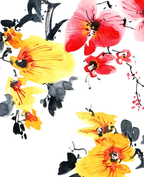 Aquarel Inkt Illustratie Van Bloesem Sakura Boom Met Bloemen Knoppen — Stockfoto