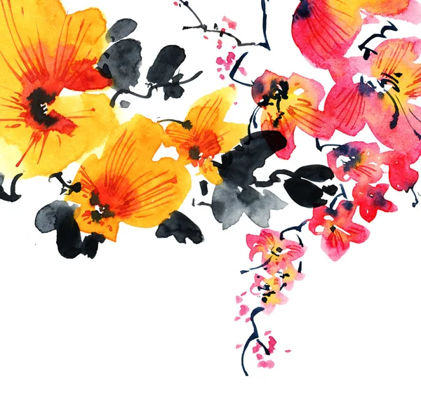 Aquarel Inkt Illustratie Van Bloesem Sakura Boom Met Bloemen Knoppen — Stockfoto