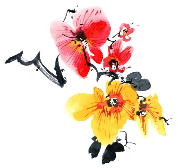 Акварель Чернила Иллюстрация Цветущей Сакуры Цветами Бутонами Восточная Традиционная Живопись — стоковое фото