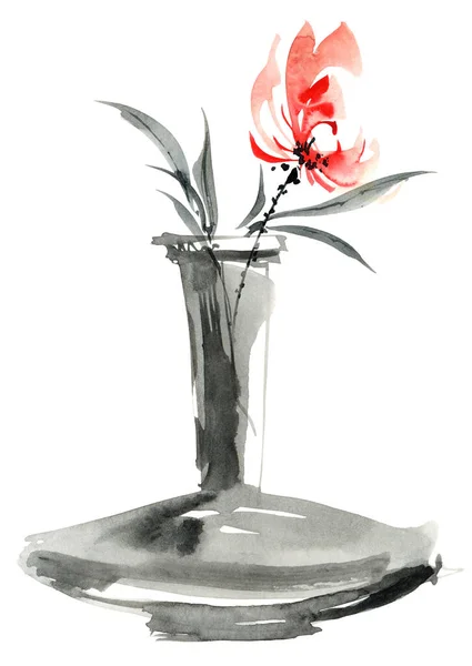 Aquarelle Illustration Encre Fleurs Rouges Vase Peinture Traditionnelle Orientale Style — Photo