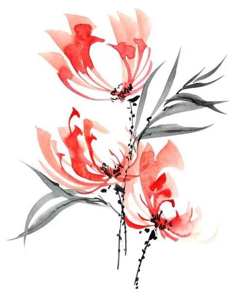 Watercolor Ink Illustration Red Flowers Bouquet Leaves Oriental Traditional Painting — Stock Photo, Image