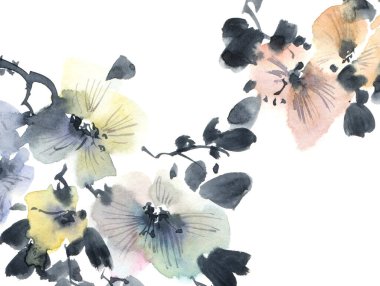 Ağaç dalının çiçek, tomurcuk ve yapraklarla suluboya ve mürekkep çizimi. Geleneksel oryantal resim tarzı sumi-e, u-sin ve gohua. Tebrik kartı, davet veya kapak için arkaplan tasarımı.