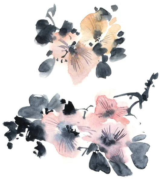 Ilustração Aquarela Tinta Ramo Árvore Flor Com Flores Botões Folhas — Fotografia de Stock