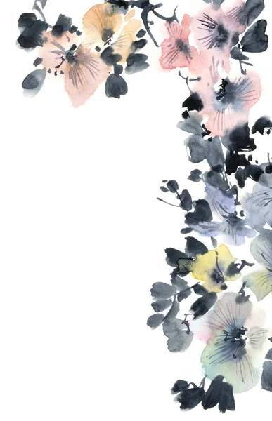 Ilustração Aquarela Tinta Ramo Árvore Flor Com Flores Botões Folhas — Fotografia de Stock