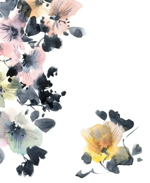Aquarelle Illustration Encre Branche Arbre Fleurs Avec Des Fleurs Des — Photo