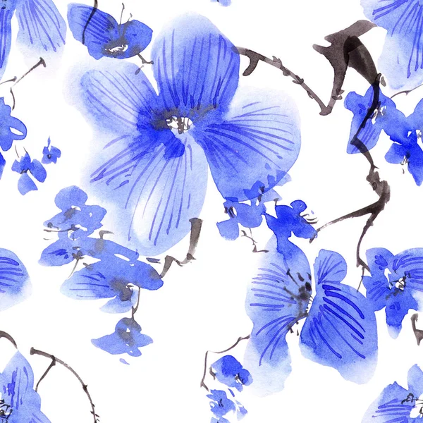 Acquerello Inchiostro Illustrazione Albero Fiori Con Fiori Blu Pittura Orientale — Foto Stock