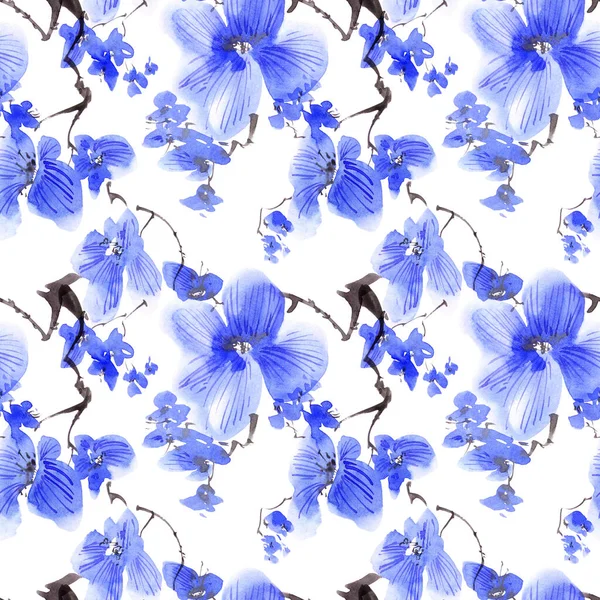Aquarelle Illustration Encre Arbre Fleuri Avec Des Fleurs Bleues Peinture — Photo