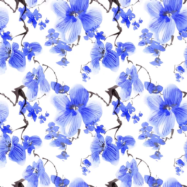 Acquerello Inchiostro Illustrazione Albero Fiori Con Fiori Blu Pittura Orientale — Foto Stock