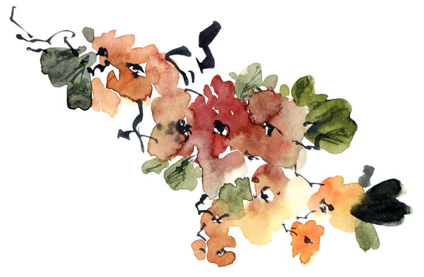 Υδατογραφία Και Μελάνι Απεικόνιση Του Ανθισμένου Κλαδιού Του Δέντρου Λουλούδια — Φωτογραφία Αρχείου