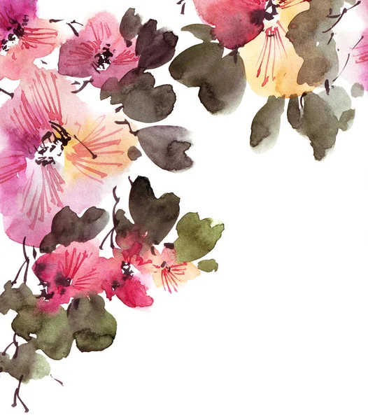 Akvarell Och Bläck Illustration Trädgren Blom Med Blommor Knoppar Och — Stockfoto