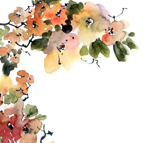 Watercolor Ink Illustration Tree Branch Bloom Flowers Buds Leaves Oriental — Stock Photo, Image