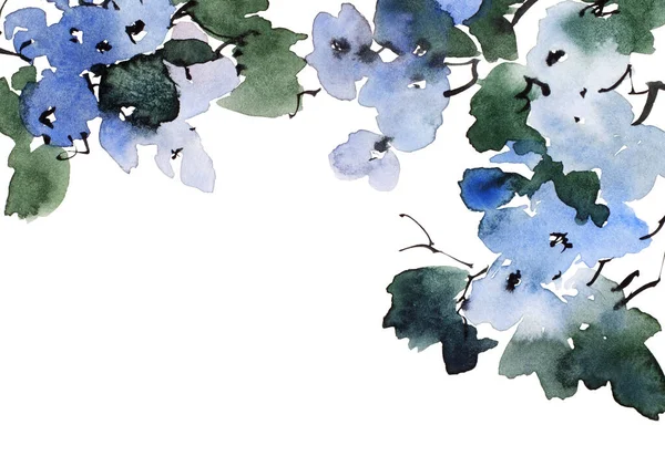 Aquarelle Illustration Encre Branches Arbres Fleurs Fleurs Bleues Bourgeons Feuilles — Photo