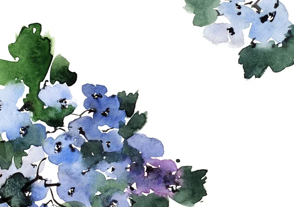 Aquarelle Illustration Encre Branches Arbres Fleurs Fleurs Bleues Bourgeons Feuilles — Photo