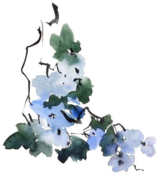 Aquarela Tinta Ilustram Ramo Árvore Flor Flores Azuis Botões Folhas — Fotografia de Stock