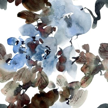 Ağaç dalının suluboya ve mürekkep çizimi - mavi çiçekler, tomurcuklar ve yapraklar. Geleneksel oryantal resim tarzı sumi-e, u-sin ve gohua. Kusursuz desen.