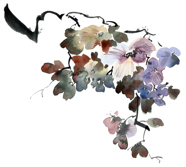 Υδατογραφία Και Μελάνι Απεικόνιση Του Ανθισμένου Δέντρου Μπλε Λουλούδια Μπουμπούκια — Φωτογραφία Αρχείου