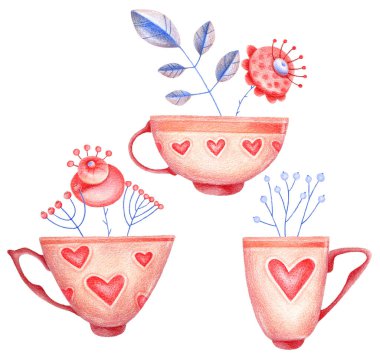 Şirin çizimler seti. İçinde çiçekler, kalpler, yapraklar, böğürtlenler olan kahve fincanı. Renkli kalemlere göre orijinal tarzda çizimler.