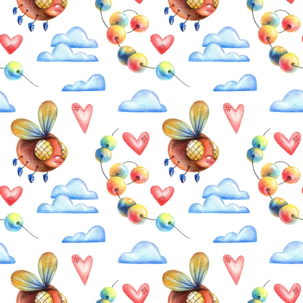 Χαριτωμένη Απεικόνιση Του Ιπτάμενου Εντόμου Καρδιές Χάντρες Και Σύννεφα Σχέδια — Φωτογραφία Αρχείου