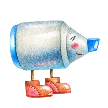 Çizmeli mavi keçeli kalemin şirin bir çizimi. Renkli kalemlere göre orijinal şekilde çizim.