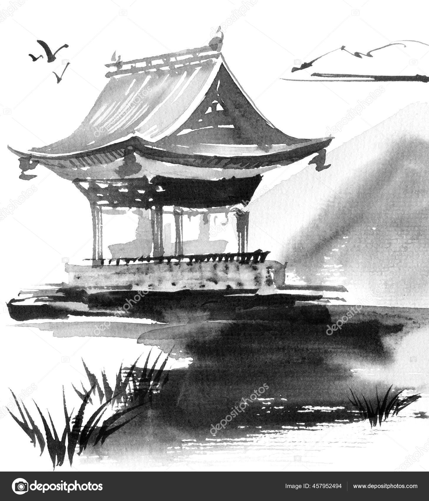 水墨画 日本の伝統的な建物自作 白い背景に日本の伝統的な建物と曇りの空 水絵による水墨画— ストック