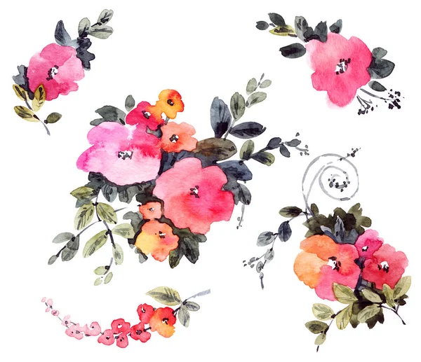 Piękne Kwiaty Malowane Akwarelą Zestaw Kwiatów Bukietów — Zdjęcie stockowe