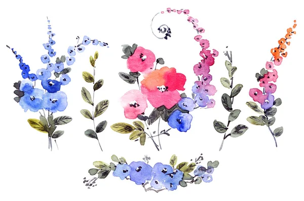 Lindas Flores Pintadas Por Aquarela Conjunto Flores Pequenos Buquês — Fotografia de Stock