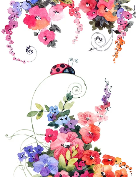 Söt Illustration Blommor Och Nyckelpiga Design För Gratulationskort Ritning Akvarell — Stockfoto