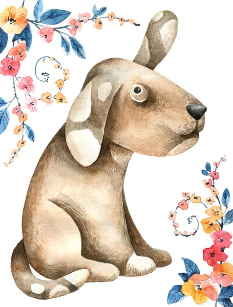 Χαριτωμένη Απεικόνιση Του Σκύλου Και Των Λουλουδιών Σχεδιασμός Ευχετήριας Κάρτας — Φωτογραφία Αρχείου
