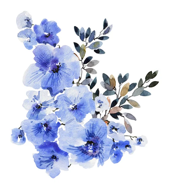 Akwarela Ilustracja Niebieskich Kwiatów Liści Białym Tle Projekt Karty Okolicznościowej — Zdjęcie stockowe