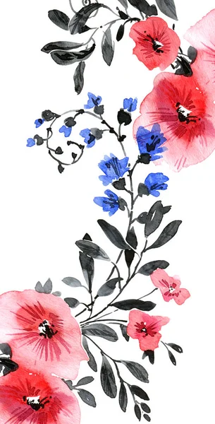 Ilustração Aquarela Flores Rosa Azul Com Folhas Belo Buquê Fundo — Fotografia de Stock