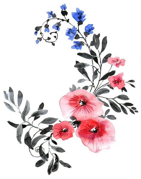 Akwarela Ilustracja Różowe Niebieskie Kwiaty Liśćmi Piękny Bukiet Białym Tle — Zdjęcie stockowe