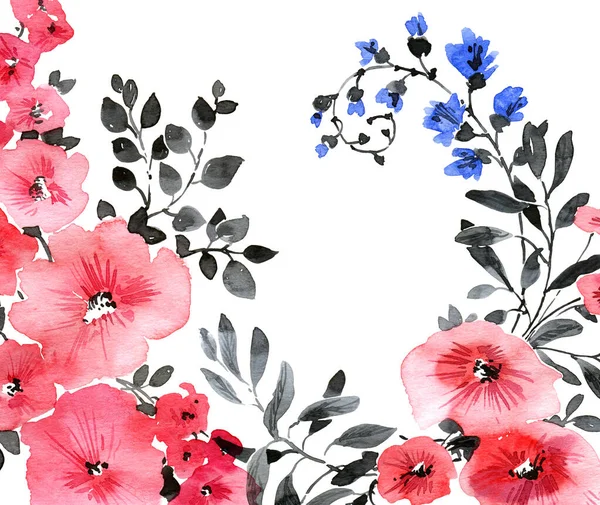 Illustrazione Acquerello Fiori Rosa Blu Con Foglie Bellissimo Bouquet Sfondo — Foto Stock