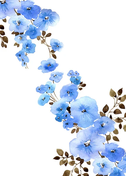 Ilustração Aquarela Flores Azuis Com Folhas Belo Padrão Floral Fundo — Fotografia de Stock