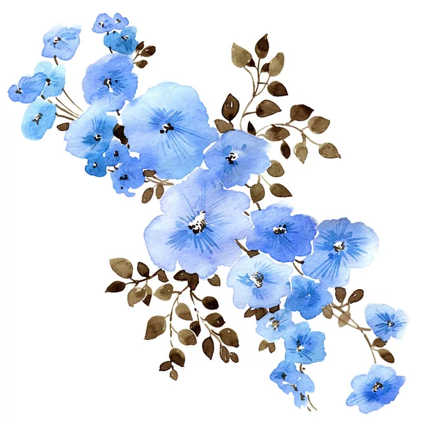 Akwarelowa Ilustracja Niebieskich Kwiatów Liśćmi Piękny Kwiatowy Wzór Białym Tle — Zdjęcie stockowe