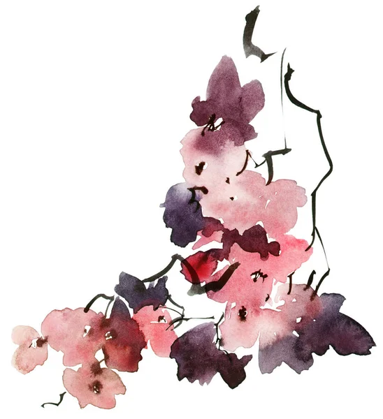 Akwarela Atrament Ilustracja Gałęzi Drzewa Rozkwicie Kwiaty Pąki Liście Orientalne — Zdjęcie stockowe