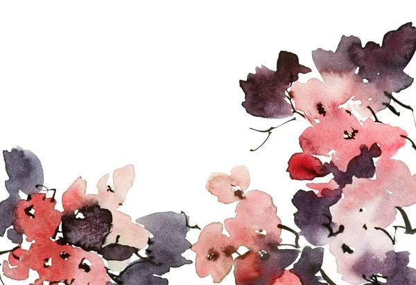 Akvarell Och Bläck Illustration Trädgren Blom Blommor Knoppar Och Blad — Stockfoto