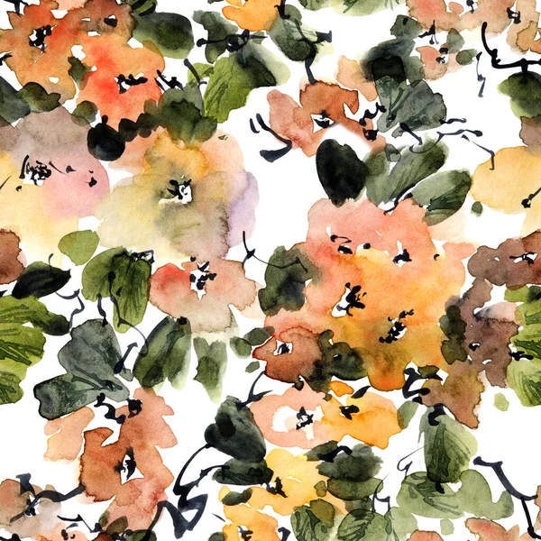 Υδατογραφία Απεικόνιση Του Ανθισμένου Δέντρου Κλαδιά Λουλούδια Μπουμπούκια Και Φύλλα — Φωτογραφία Αρχείου