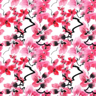 Çiçekli, pembe çiçekli ve tomurcuklu sakura ağacının suluboya çizimi. Kusursuz bir desen. Geleneksel oryantal resim tarzı sumi-e, u-sin ve gohua. Beyaz arkaplanda çiçekler.
