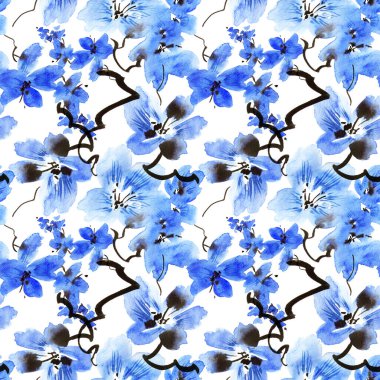Mavi çiçekli çiçek ağacı dalının suluboya çizimi - pürüzsüz desen. Geleneksel oryantal resim tarzı sumi-e, u-sin ve gohua. Beyaz arkaplanda çiçekler.